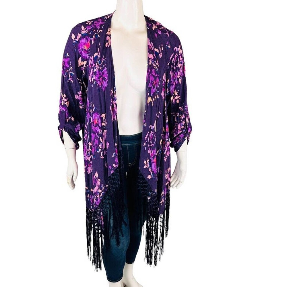 torrid Purple Floral Fringe Open-Front Kimono Cardigan
